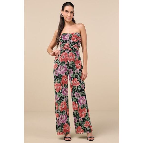 Lulus Pants - Lulus Layka Black Multi Floral Mesh Wide-leg Jumpsuit - Size M
